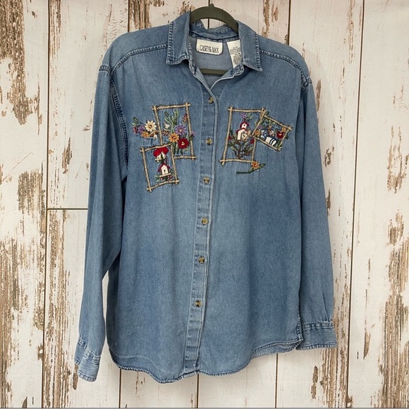 Casey & Max Tops - Casey & Max. Embroidered Chambray Button Down Shirt. Size Medium. Good used cond